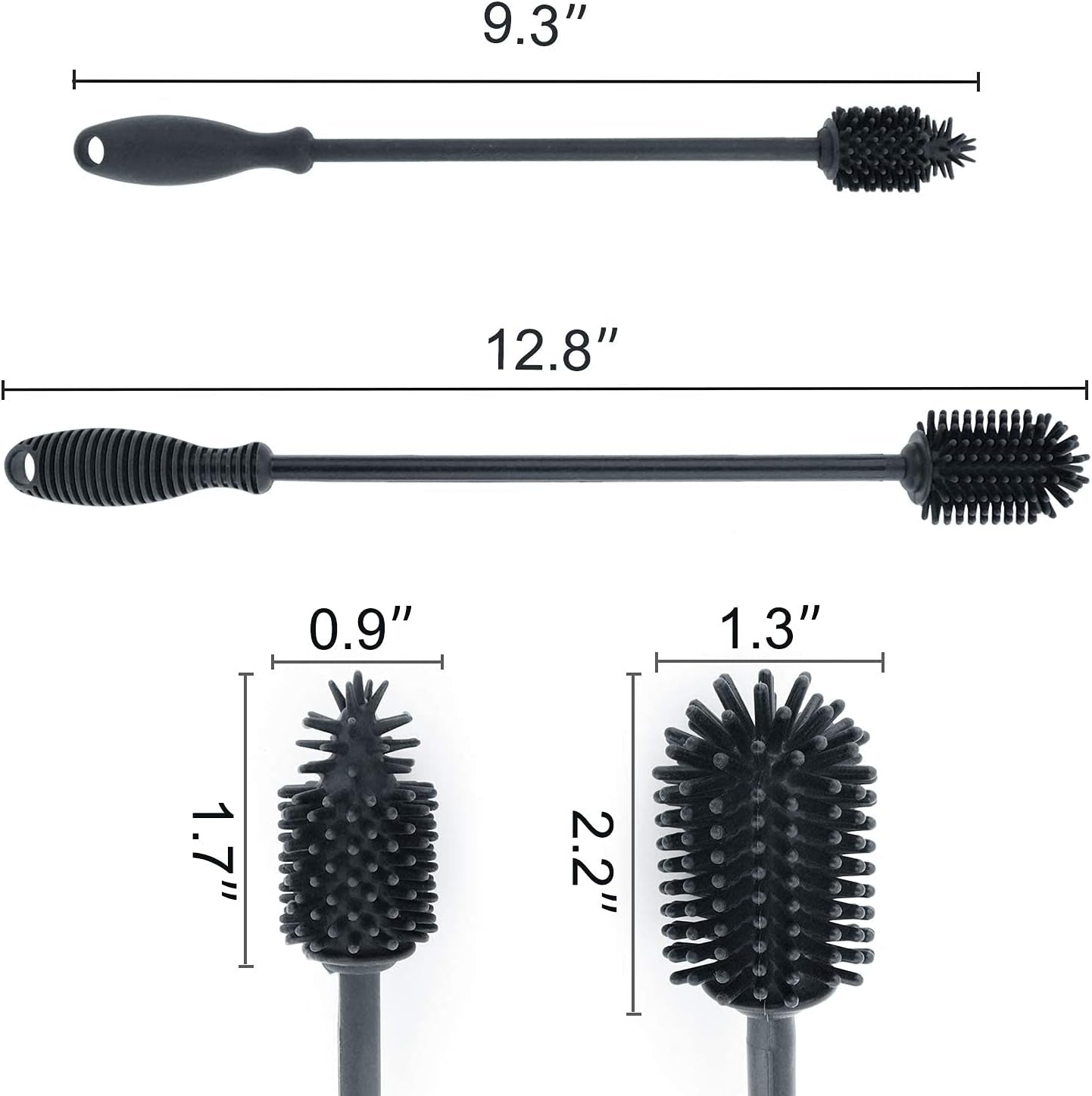 Silicone Bottle Cleaning Brush with Long Handle,12.5" Water Bottle Cleaner for Baby Bottles, Hydro Flask, Sports Bottle, Vase, Glassware, Perfect for Smaller Diameter (2 Pack,Dark Gray)