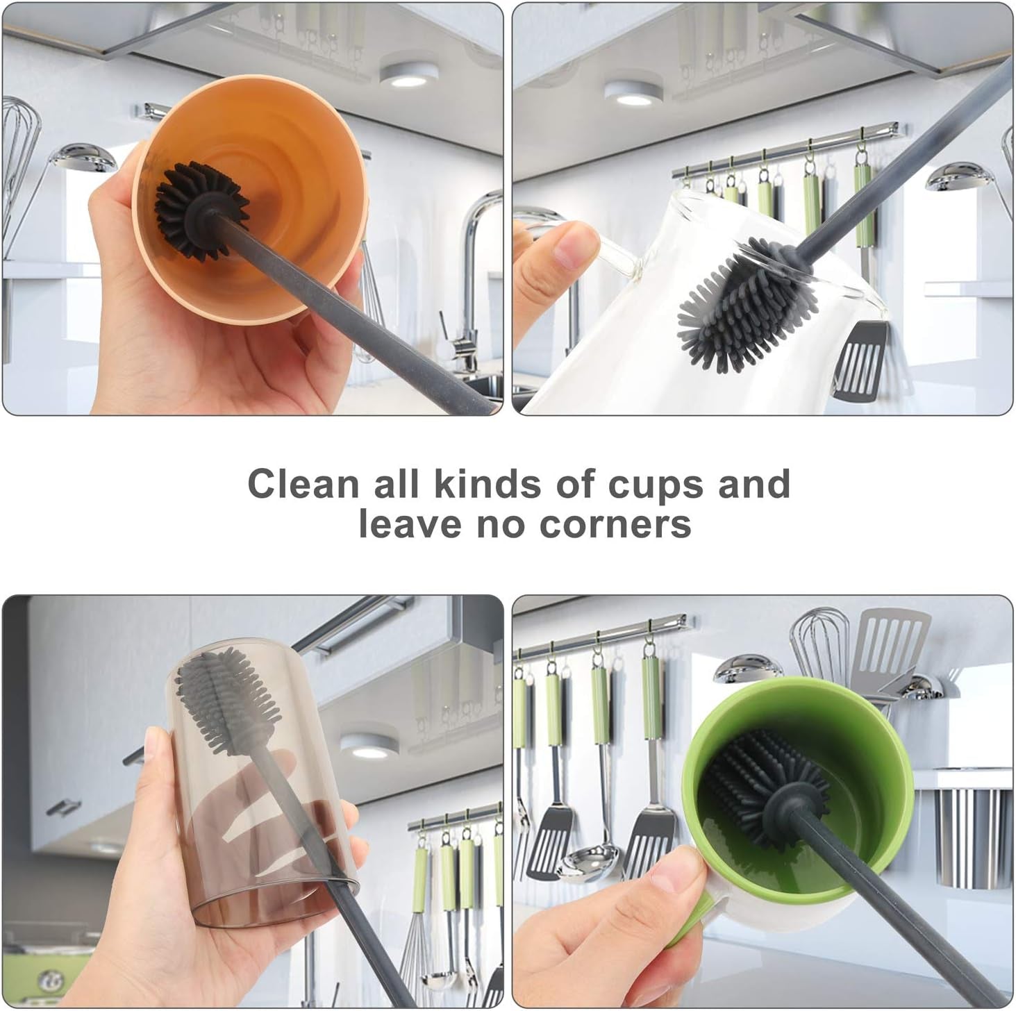 Silicone Bottle Cleaning Brush with Long Handle,12.5" Water Bottle Cleaner for Baby Bottles, Hydro Flask, Sports Bottle, Vase, Glassware, Perfect for Smaller Diameter (2 Pack,Dark Gray)