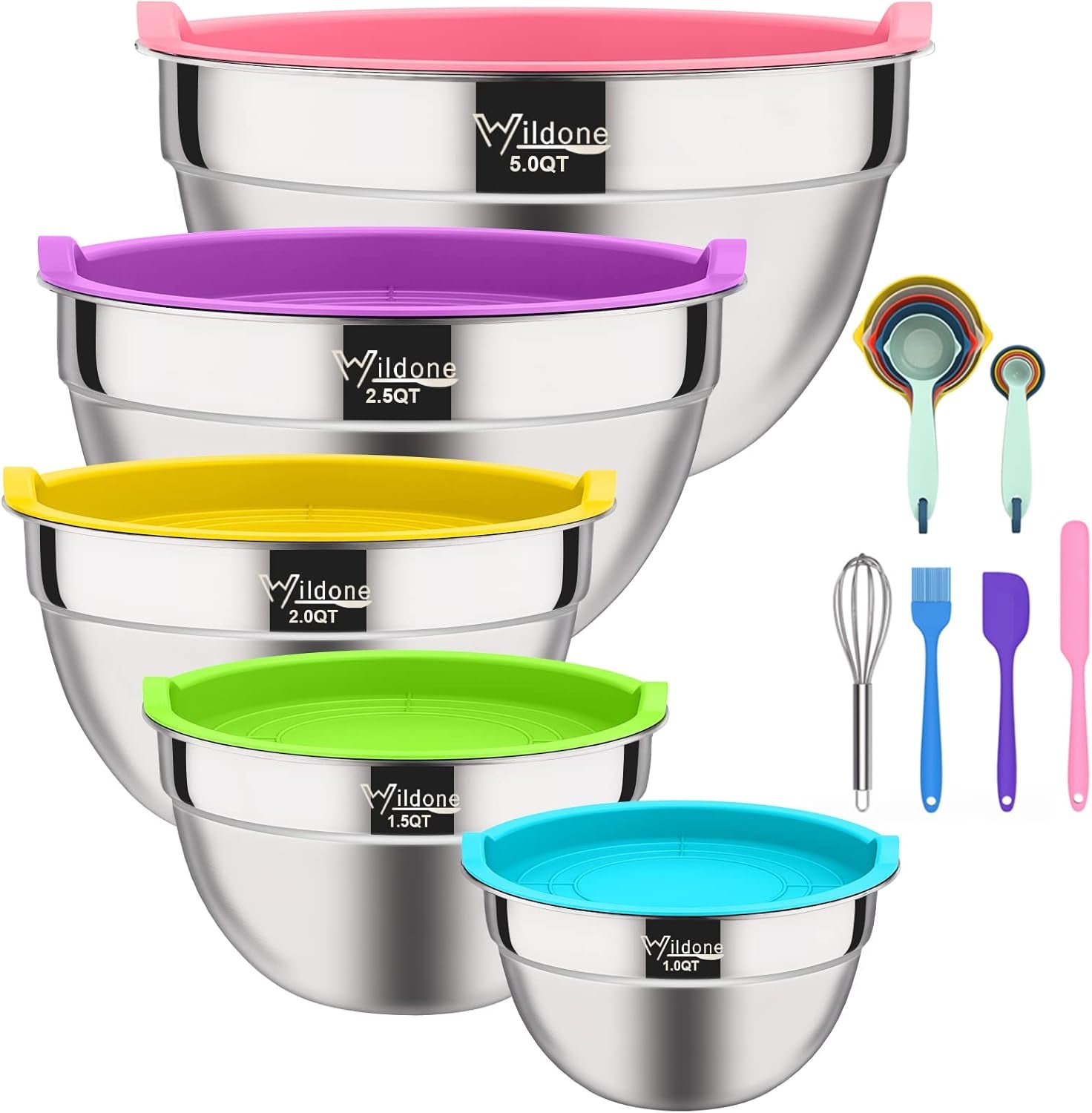 Mixing Bowls with Airtight Lids, Stainless Steel Nesting Bowls Set 19 Piece, Colorful BPA Free Airtight Lids & Extra Deep, Size 5, 2.5, 2, 1.5, 1 QT, Ideal for Mixing & Serving