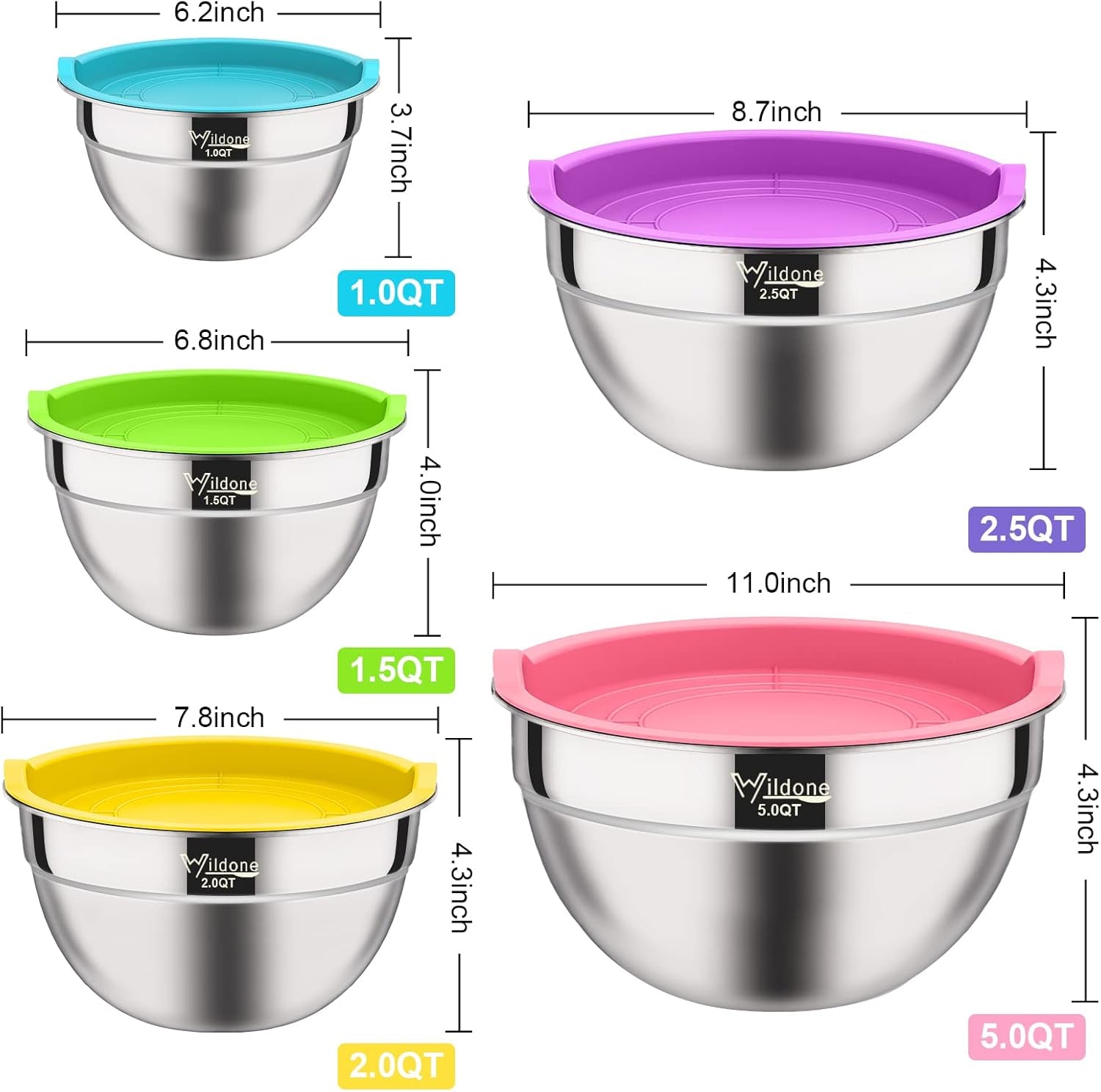 Mixing Bowls with Airtight Lids, Stainless Steel Nesting Bowls Set 19 Piece, Colorful BPA Free Airtight Lids & Extra Deep, Size 5, 2.5, 2, 1.5, 1 QT, Ideal for Mixing & Serving