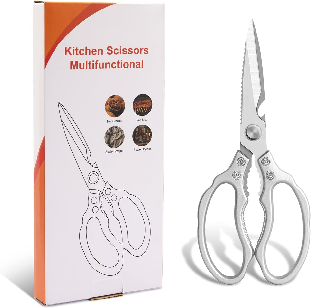 Kitchen Scissors, Multi-Purpose Kitchen Shears, Heavy Duty Dishwasher Safe Food Scissors for Chicken, Poultry, Fish, Meat & Herbs with Non-Slip Grips - Sliver