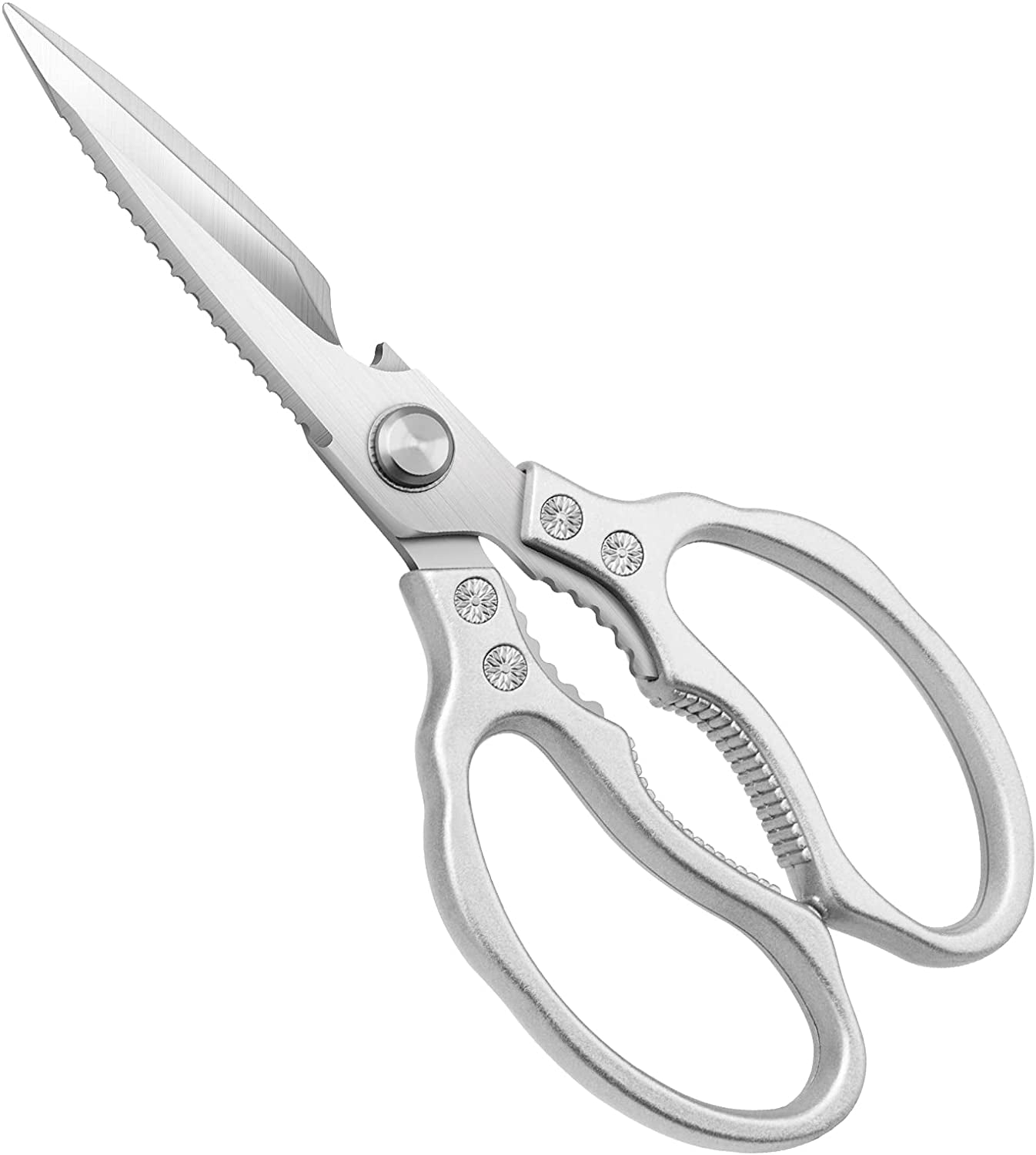 Kitchen Scissors, Multi-Purpose Kitchen Shears, Heavy Duty Dishwasher Safe Food Scissors for Chicken, Poultry, Fish, Meat & Herbs with Non-Slip Grips - Sliver