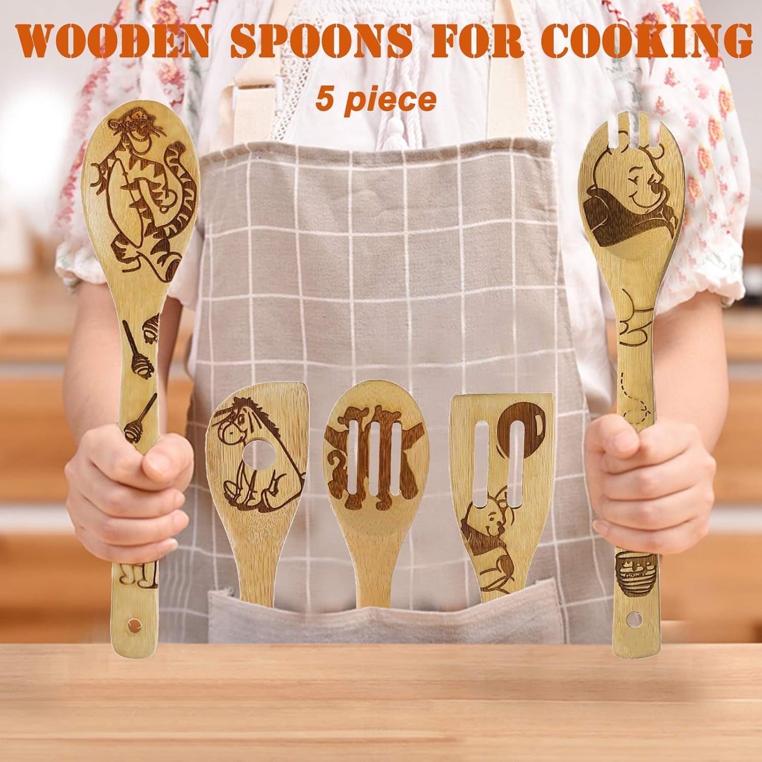 5-Piece Winnie the Bear Cartoon Wooden Spoon Set - Adorable Kitchen Utensils for Cooking and Decor, Perfect Gifts for Moms and Cooking Enthusiasts