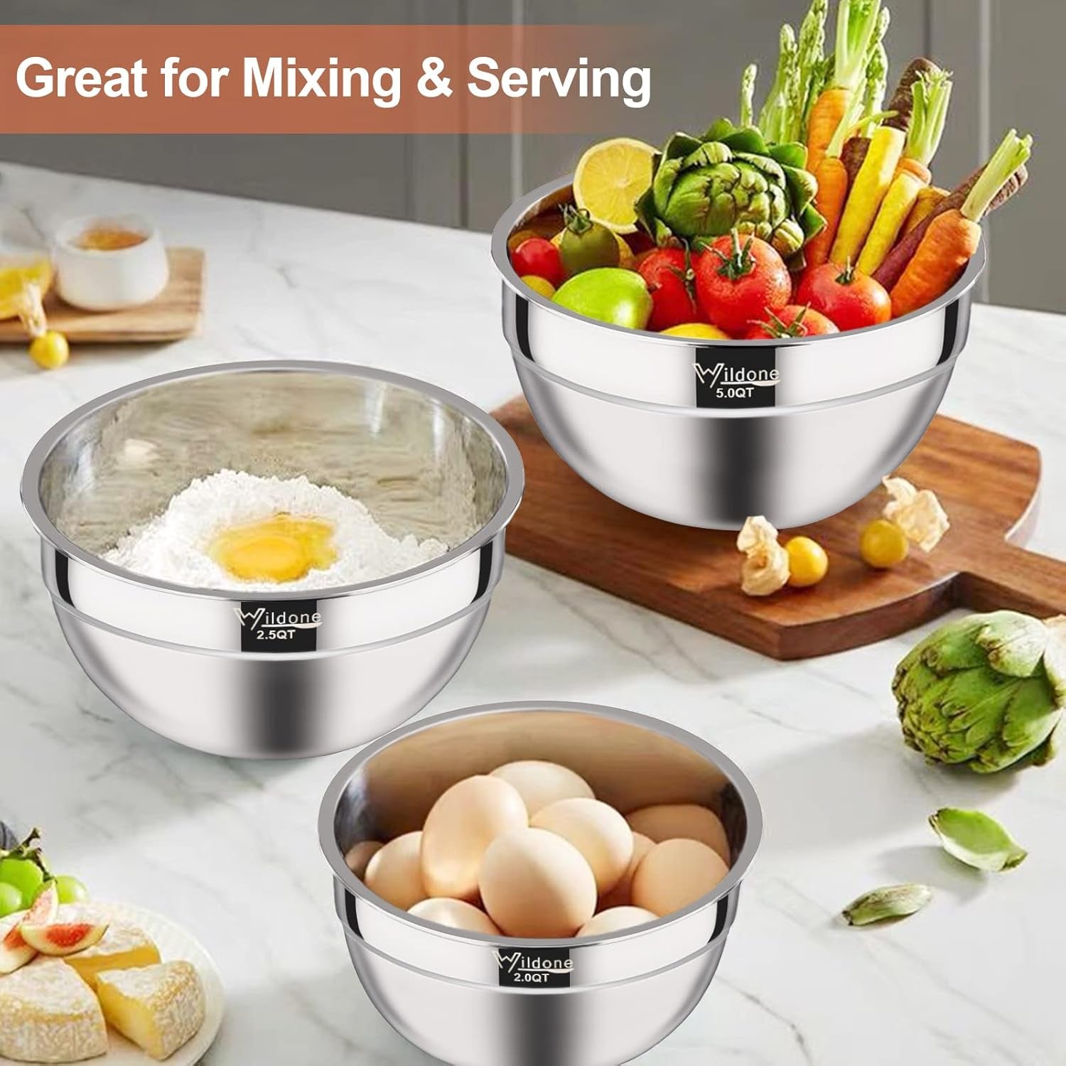 Mixing Bowls with Airtight Lids, Stainless Steel Nesting Bowls Set 19 Piece, Colorful BPA Free Airtight Lids & Extra Deep, Size 5, 2.5, 2, 1.5, 1 QT, Ideal for Mixing & Serving