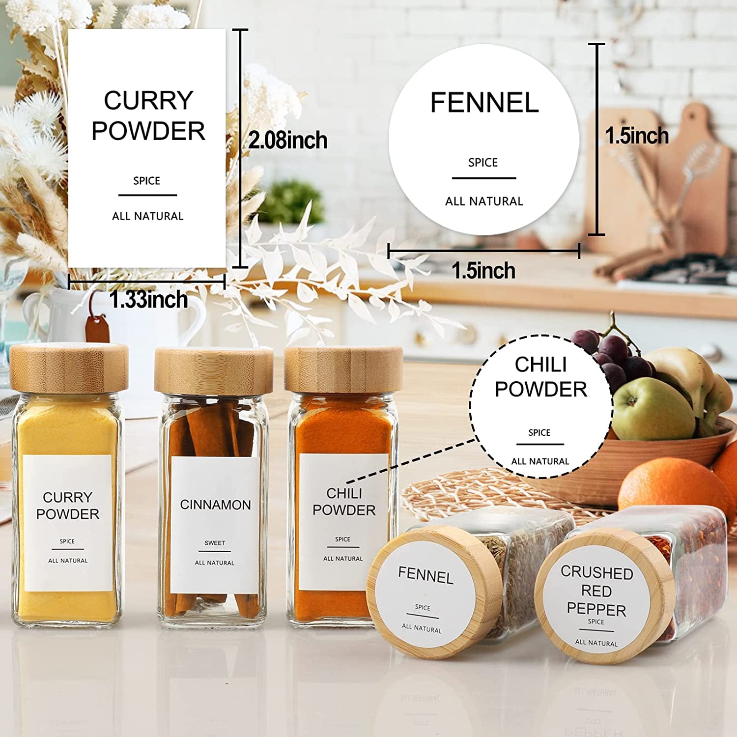 Glass Spice Jars with 398 Labels, 24 Pcs 4Oz Spice Containers with Bamboo Lids, Square Spice Bottles with Shaker Lids,Spice Organization for Cabinet,Drawer,Rack,Seasoning Organizer