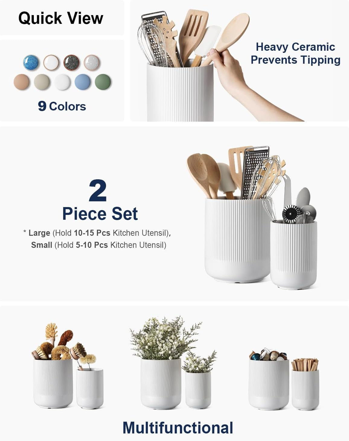 Utensil Holder, 7.3"+5.4" Ceramic Kitchen Utensil Holder for Countertop, Large Cooking Utensil Crocks for Kitchen Counter Decor, Morden Utensil Organizer for Spatula, Set of 2, White