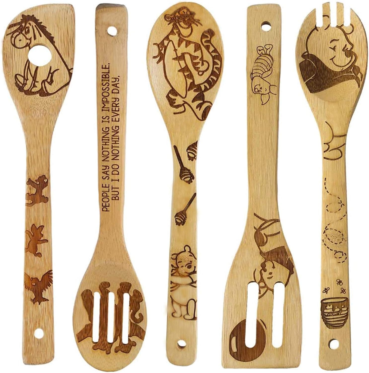 5-Piece Winnie the Bear Cartoon Wooden Spoon Set - Adorable Kitchen Utensils for Cooking and Decor, Perfect Gifts for Moms and Cooking Enthusiasts