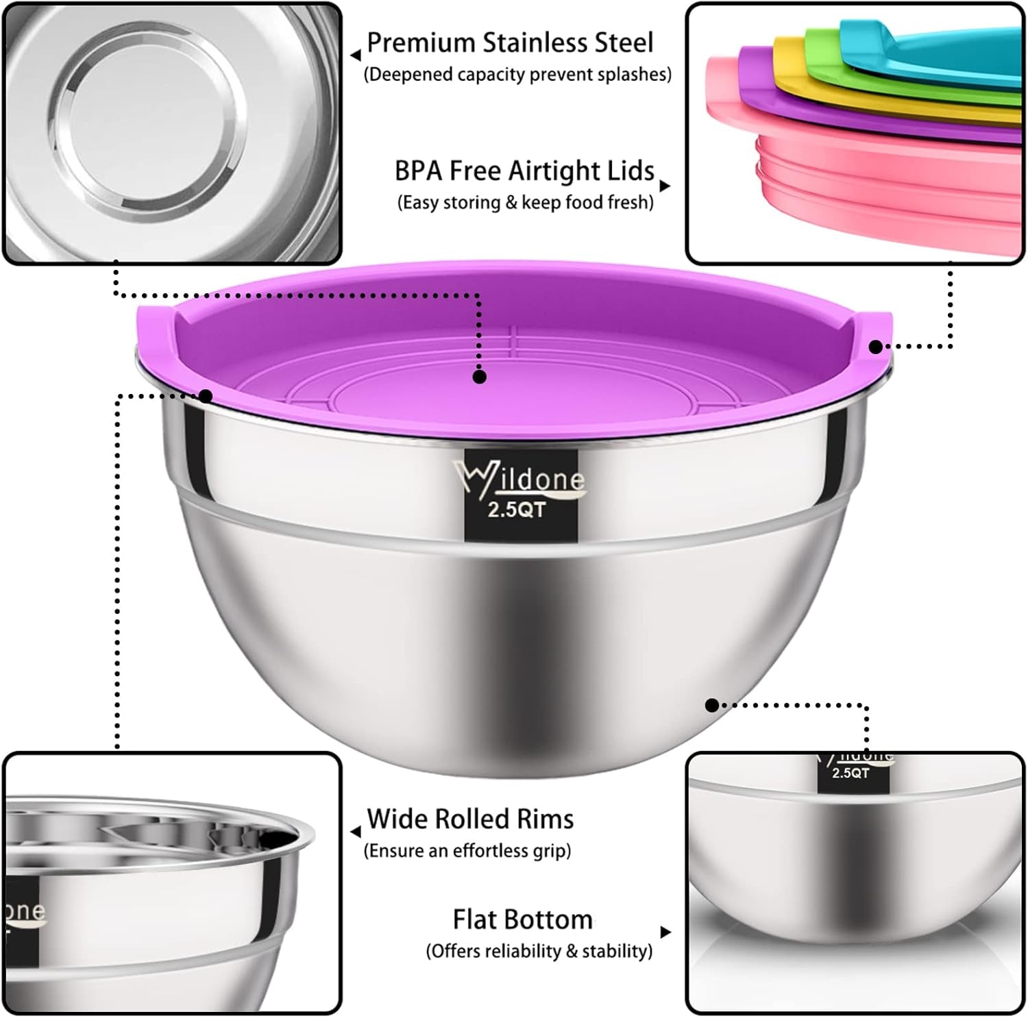 Mixing Bowls with Airtight Lids, Stainless Steel Nesting Bowls Set 19 Piece, Colorful BPA Free Airtight Lids & Extra Deep, Size 5, 2.5, 2, 1.5, 1 QT, Ideal for Mixing & Serving